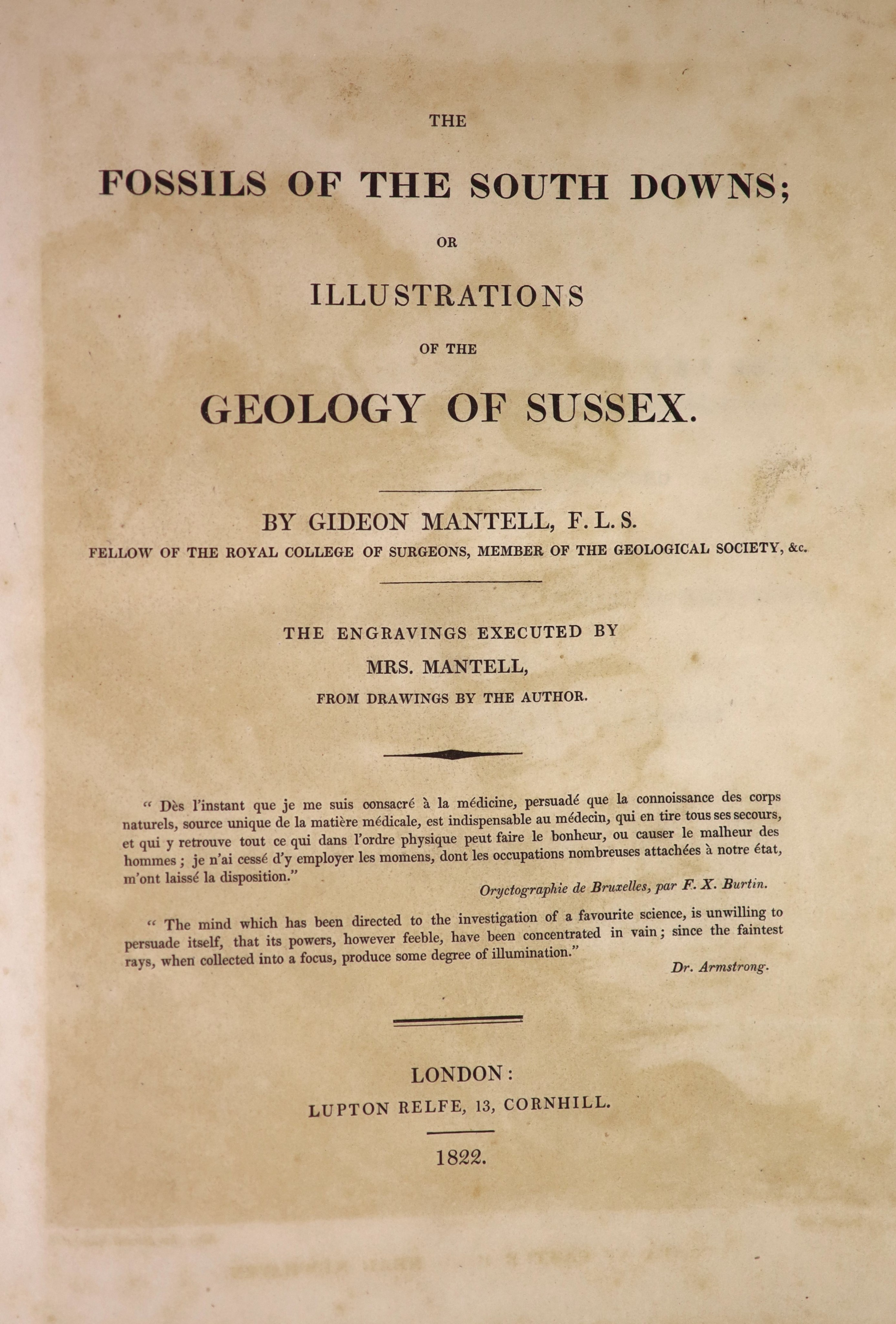 Mantell, Gideon - The Fossils of the South Downs; or Illustrations of the Geology of Sussex. hand-coloured map, 41 engraved plates (2 folded, 3 hand-coloured), half title, subscribers list